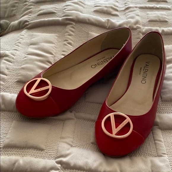 Valentino Red Flats with Suede Finish and Logo Embellishment - Picture 1 of 4
